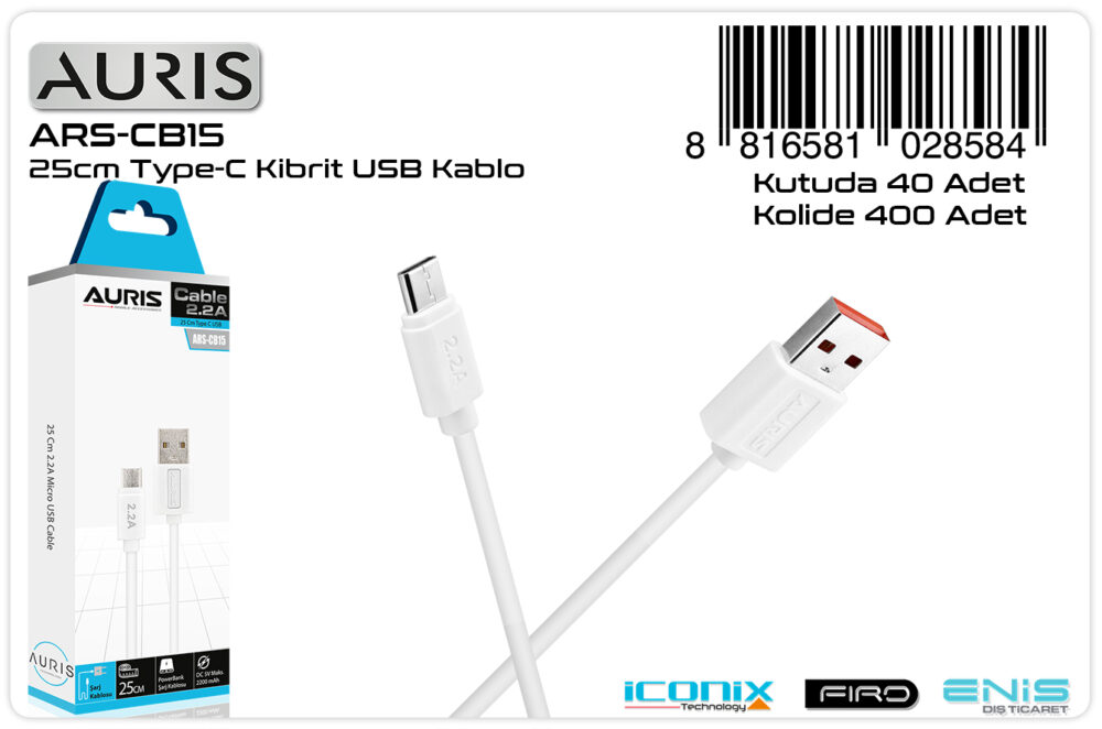 Toptan Type-C Powerbank Şarj Kablosu 25cm | Auris CB15
