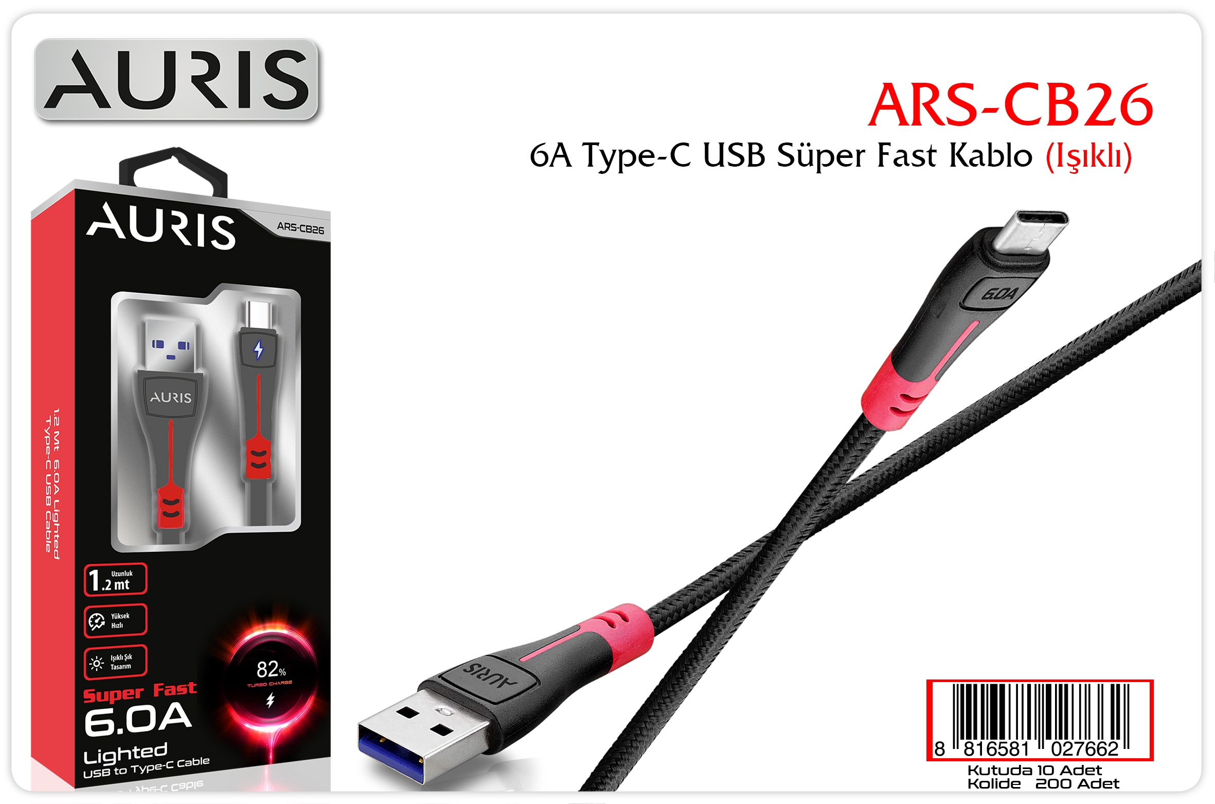 CB26 6A Type-C Kablo Işıklı TOPTAN ŞARJ KABLOSU