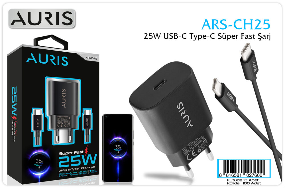 Toptan Type-C Şarj Aleti 25W Super Fast Siyah | Auris