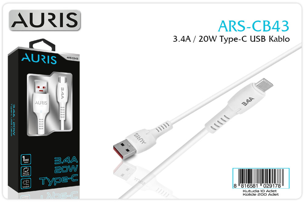 Toptan Type-C Şarj Kablosu 3.4A | Auris CB43