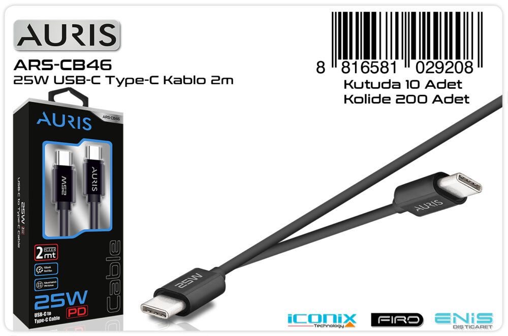 Toptan 25W USB-C to Type-C Şarj Kablosu 2 Metre | Auris CB46