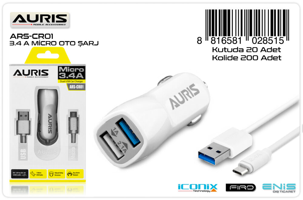 Toptan Micro USB Oto Şarj Seti 3.4A | Auris