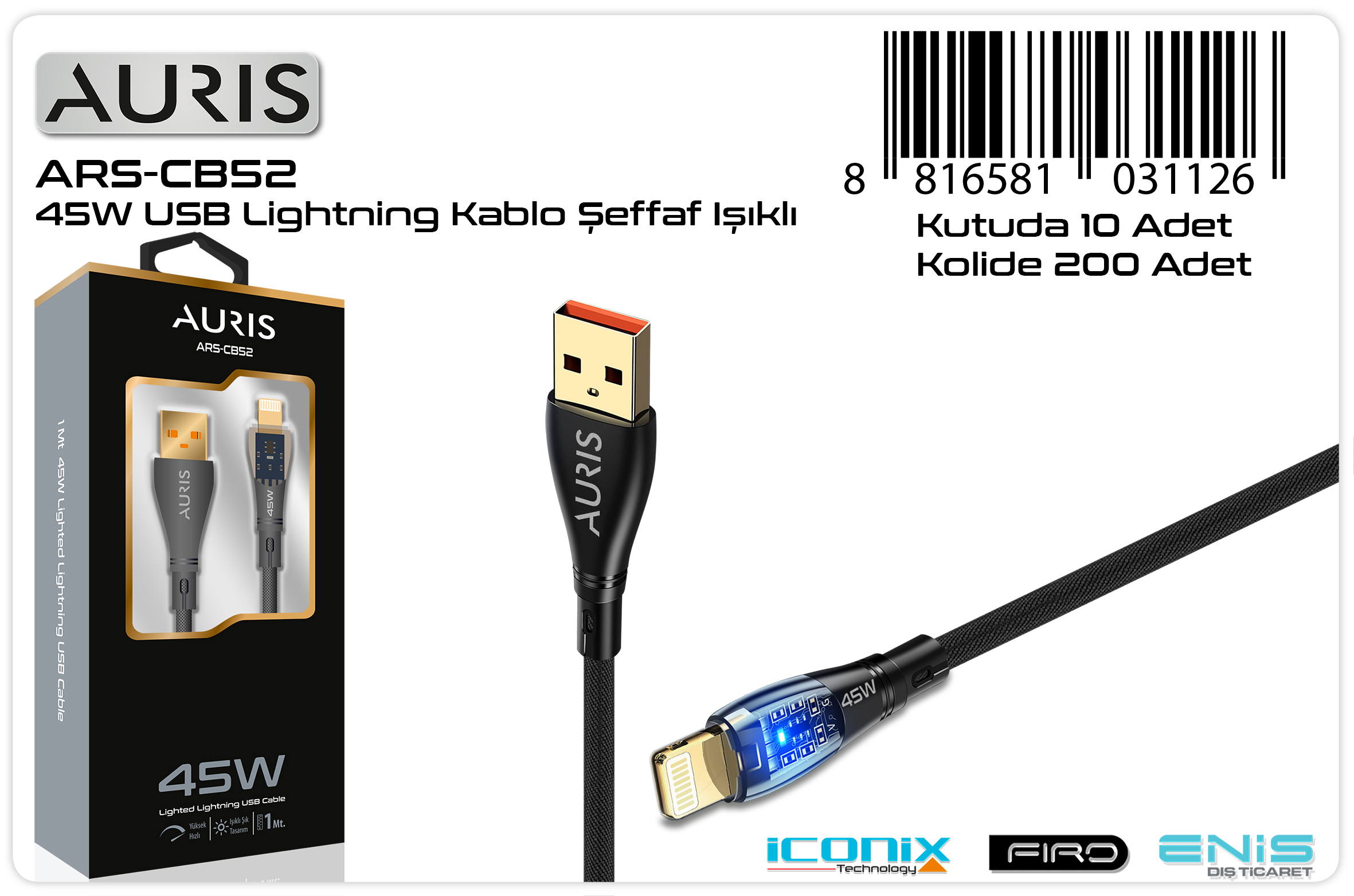 CB52 45W Lightning Kablo Işıklı Şeffaf CB52 45W Lightning Kablo Isikli Seffaf